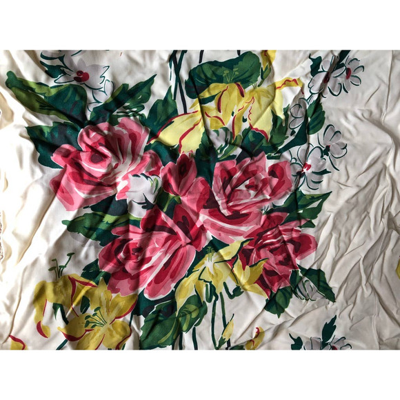 50's Cream with large floral print fabric lined with cream silk-curtain remnants - Picture 2 of 5